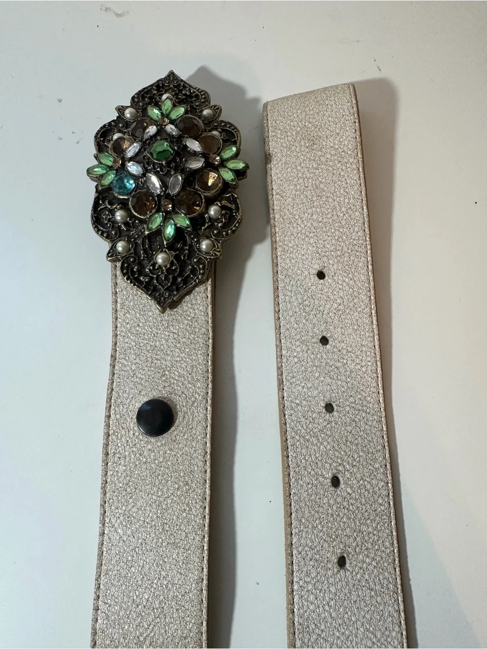Leatherock Champagne Leather Statement Belt Jeweled Floral Buckle Women's M